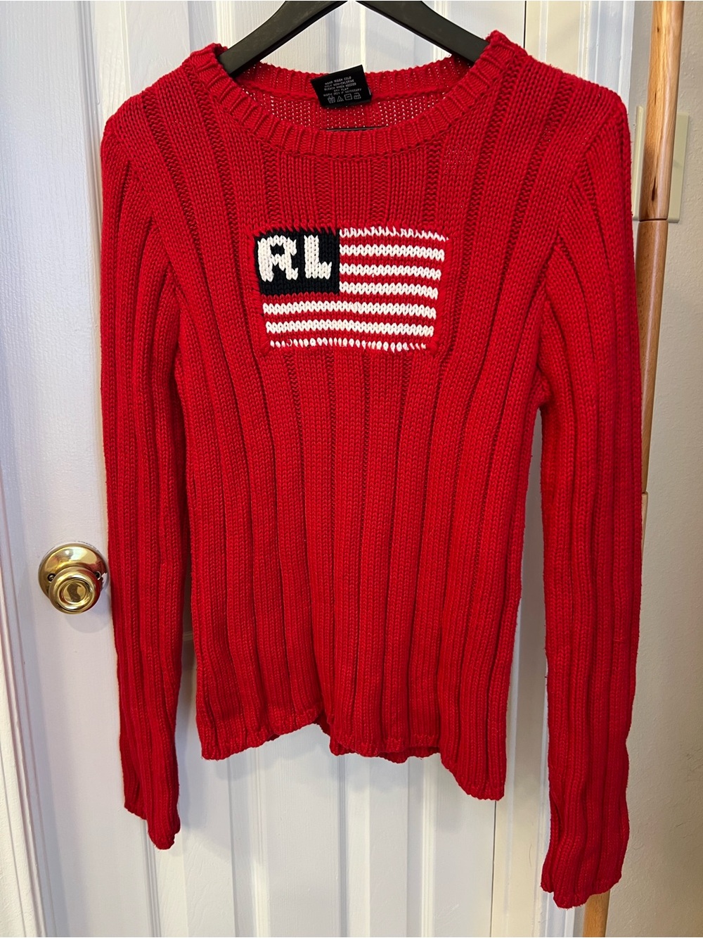 Vintage 90’s Ralph Lauren Red Ribbed Crewneck Sweater with Flag Patch - Picture 2 of 7